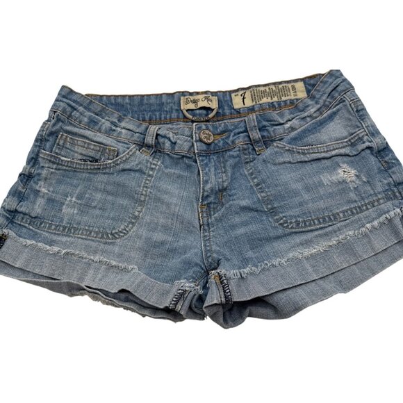 Indigo Rein `SIZE 7 Distressed Jean Shorts Frayed Hem Embroidered Pocket Details - Picture 3 of 7
